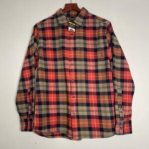 Eddie Bauer Flannel Shirt Men Medium Orange Plaid Long Sleeve 100% Cotton Button